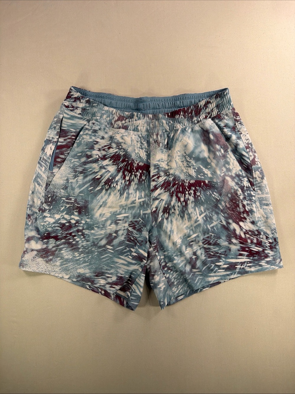 lululemon athletica Blue and Burgundy Splash Tie-Dye Swim Trunks